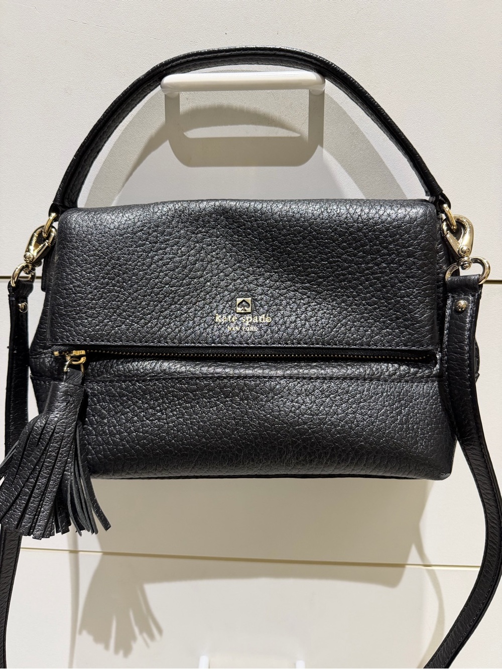 kate spade Black Pebbled Leather Top-Handle Crossbody with Tassel